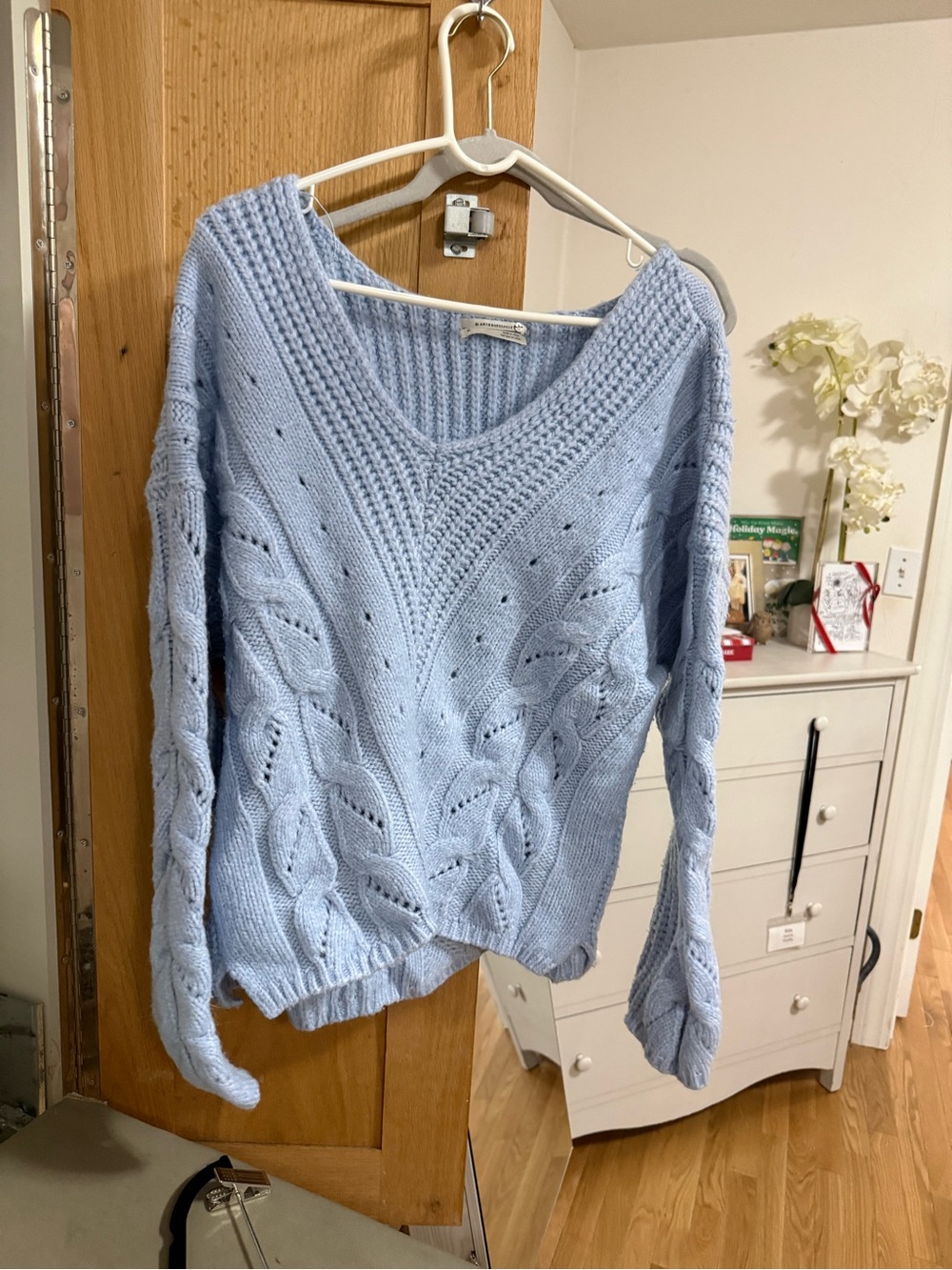 Anthropologie Pale Blue Cable-Knit V-Neck Sweater